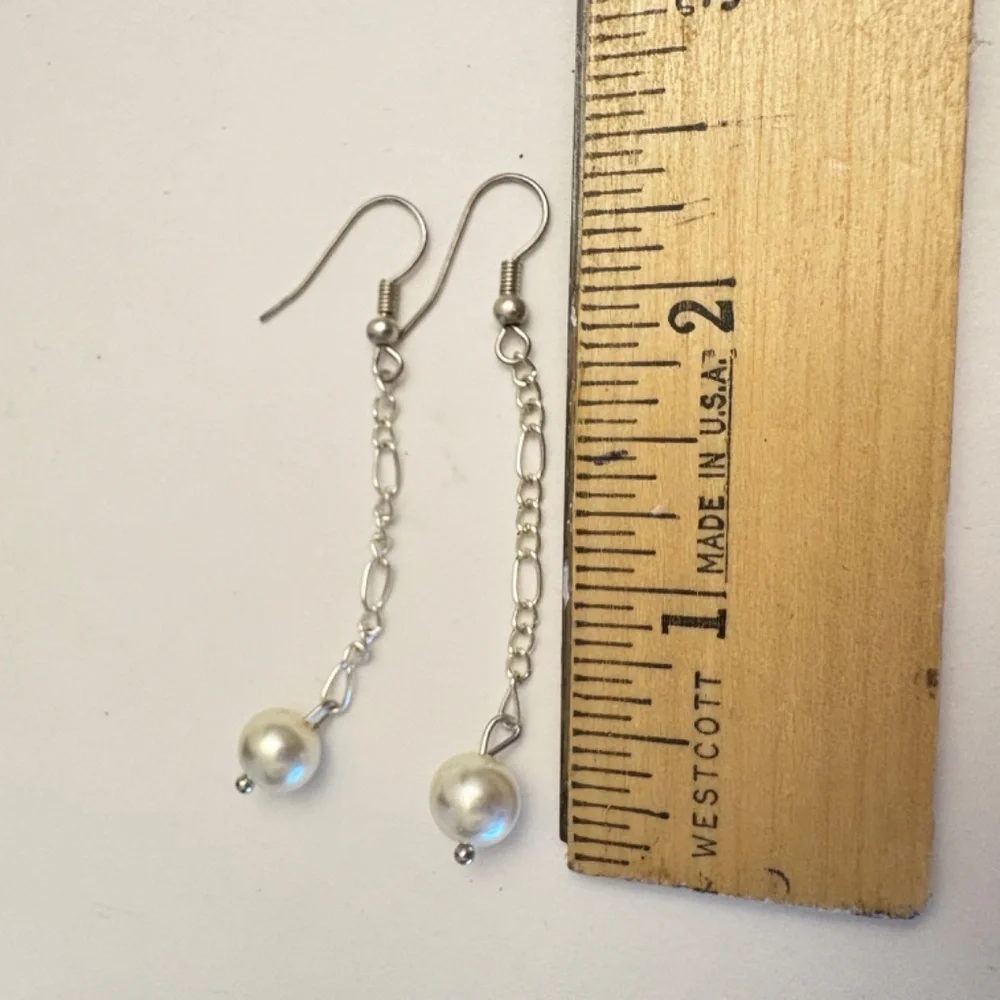 Silver and Pearl Dangle Earrings 2 inch drop handmade hook earring